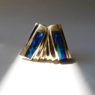 14k Yellow Gold Latch Back Earrings With Vibrant Black Opal Inlay 10.  2 Grams