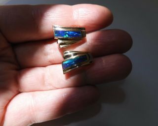 14K Yellow Gold Latch Back Earrings With Vibrant Black Opal Inlay 10.  2 Grams 2