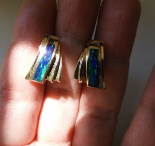 14K Yellow Gold Latch Back Earrings With Vibrant Black Opal Inlay 10.  2 Grams 3