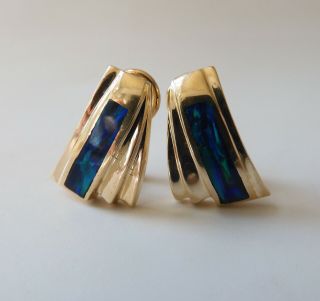 14K Yellow Gold Latch Back Earrings With Vibrant Black Opal Inlay 10.  2 Grams 6