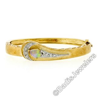 Vintage 14k Tt Gold Pear Cut Opal & Diamond Florentine Wrap Open Bangle Bracelet