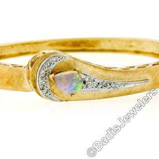 Vintage 14K TT Gold Pear Cut Opal & Diamond Florentine Wrap Open Bangle Bracelet 3