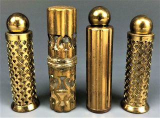 Lentheric Lucien Lelong Art Deco Brass Filigree Glass Mini Scent Perfume Bottle