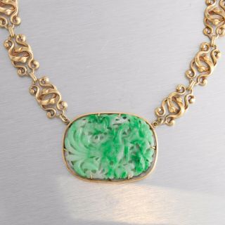 Vtg Japanese 14k Gold Carved Green Jade Jadeite Peacock Pendant Necklace 15.  5 "