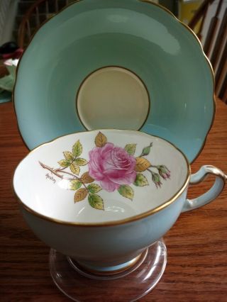 Rare Signed Austin Aynsley Bone China - Pink Rose Tea Cup And Saucer - Blue