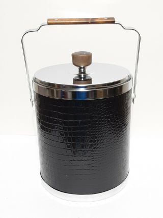 Vintage Kromex Ice Bucket - Black Simulated Leather / Chrome▪mint