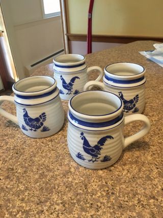 (4) B.  I.  Inc Rooster/hen Blue&white Ceramic Coffee Mugs Rustic Country Decor
