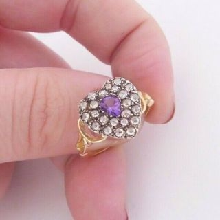 18ct Gold Old Mine Rose Cut Diamond Amethyst Sweetheart Ring,  Victorian Style