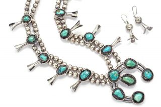 Vintage Sterling Silver Turquoise Squash Blossom Necklace & Earrings Set 128.  2 G