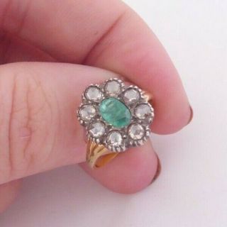 18ct Gold Old Mine Rose Cut Diamond Natural Emerald Domed Back Ring,  Victorian