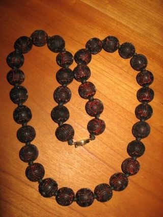 Vintage Cinnabar 25 " Large.  5 " Bead Longevity Shou China Red Brown Necklace