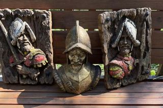 Vtg 60’s Spanish Conquistador Bust Statue & 2 Wall Plaques Universal Statuary Co