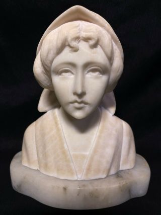 Antique Art Nouveau Carved White Marble Bust Young Maiden Girl Bonnet Sculpture