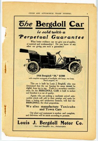 1910 Bergdoll Car Ad: Louis J.  Bergdoll Motor Co.  Model 30 - Philadelphia,  Pa