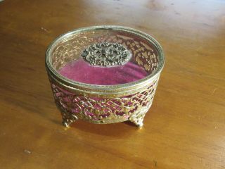 Vintage Gold Ormolu Filigree Round Metal & Glass Footed Jewelry Box W/hinged Lid