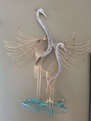 Hollywood Regency Brass Wall Sculpture ‘silver Herons’ Bird By Curtis Jere 44x36