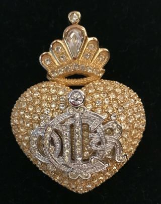 Rare Vtg Signed Christian Dior Logo Rhinestone Heart & Crown Brooch Pin