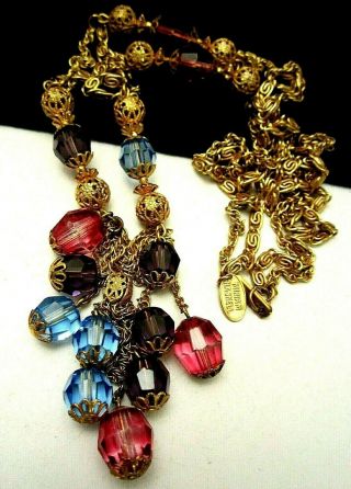 Rare Vintage Signed Miriam Haskell Pink Purple Blue Crystal Dangle Necklace A22