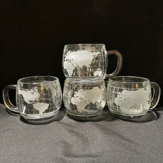 Set Of 4 Vintage Nestle Nescafe Frosted Glass World Globe Cup Mugs 8 - Oz
