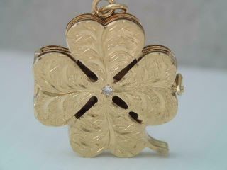 Rare Lg.  Solid 14k Gold & Diamond Irish 4 Leaf Clover Photo Locket Pendant
