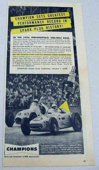 1954 Print Ad Champion Spark Plugs Indy 500 Race Vukovich Passes Bryan