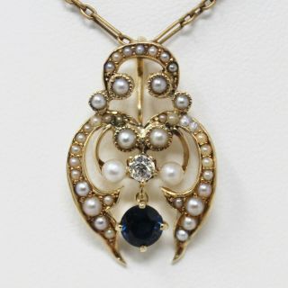 14k Gold Victorian Sapphire,  Diamond,  Seed Pearl Pendant Necklace 15 3/4 " B0871