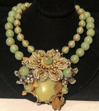 Miriam Haskell Necklace Rare Vintage Signed Gilt Hand Wired Green Glass Ornate