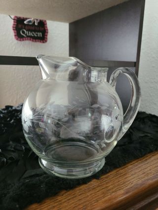 Vintage Small Clear Glass Pitcher Etched With Flowers Ball Shaped Handle & Spout