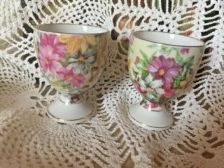 Pair Vintage Egg Cups Chintz Hand Painted Flowers No Maker 2047 2.  3” Tall