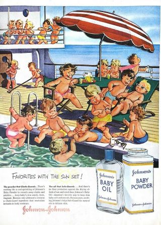 1956 Johnson & Johnson Baby Oil Vintage Print Ad Baby Powder Babies On Ship