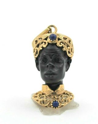 Vintage 14k Gold Carved Blackamoor Head Lapis Italy Charm Pendant Very Rare