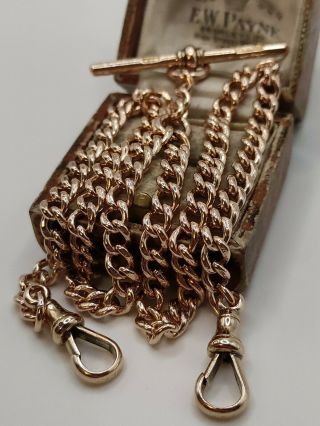Victorian 9ct Rose Gold Double Albert Pocket Watch Chain Necklace With T - Bar