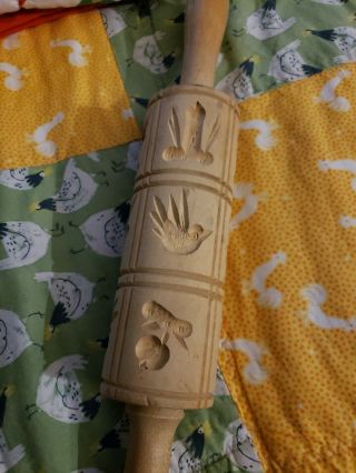 Vintage Rolling Pin Press Fruit And Birds
