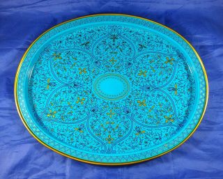 Vintage Tin Tray Retro Turquoise And Gold Oval Tray,  Mcm