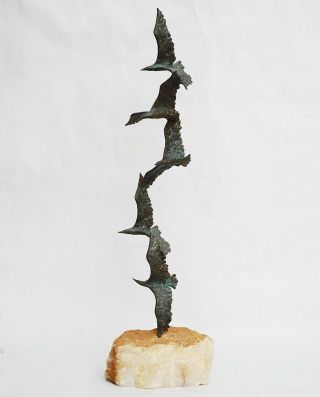 Mid Century Curtis C Jere Bronze & Quartz Sculpture Birds In Flight Seagulls 31 "