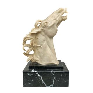 Vintage Italian Art Deco Alabaster Horse Head Sculpture On Marble Base
