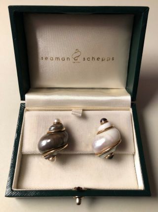 Seaman Schepps Day,  Night Turbo Shell Earrings Pearl Ends 18k Y Gold Vintage