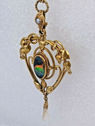Art Nouveau Black Opal Gold Pendant On Integral Chain