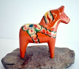 Vintage Swedish Wooden Dala Horse G.  A.  Olsson Hand Carved & Painted Old Label 2