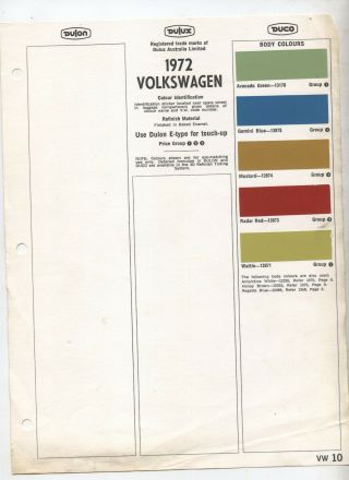 1972 Vw Volkswagen Dulon Duco Dulux Colour Page Color Beetle Kombi
