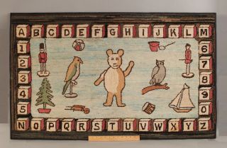 Antique 1930s Folk Art Alphabet Teddy Bear Doll Animals Toys Area Rug