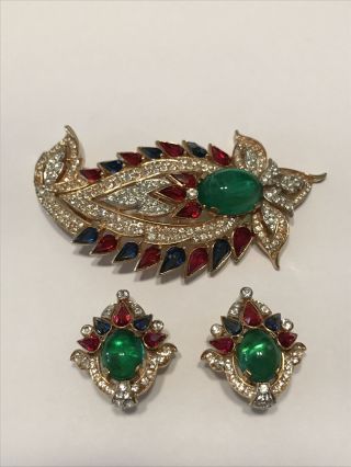 Vintage Crown Trifari Goldtone Red Blue Green Rhinestone Brooch Earrings Set