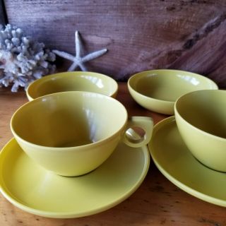 Melmac AZTEC Set of 2 Cups & Saucers YELLOW With 2 Snack Bowls Melamine 2