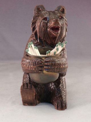 Antique Black Forest Bear Match Stick Holder Hand Carved Wood Folk Art Sculpture