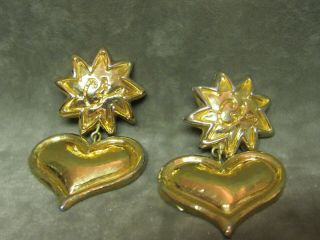Vintage Signed Christian Lacroix Gold Tone Heart & Sun Design Earrings Clip On