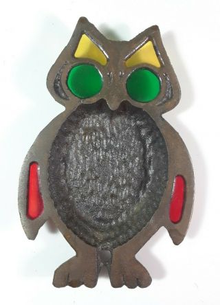 Vintage Mid Century Metal Owl Spoon Rest With Stained Glass Eyes