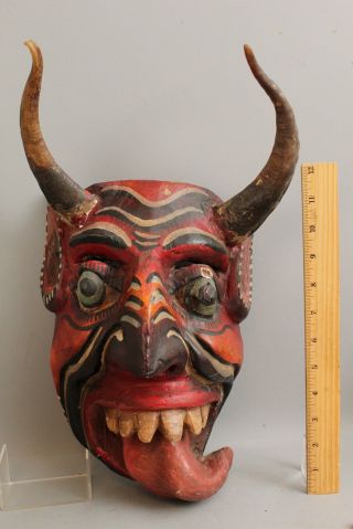 Carved Painted Guerrero Mexican Folk Art Carved Wood Devil Diablo Mask