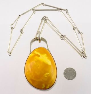 Gra Sterling Silver Egg Yolk Amber Pendant Necklace Modernist 925 Butterscotch