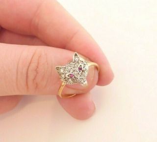 15ct Gold Diamond Headed Ruby Eyed Fox Head Ring,  Not 18ct Not 9ct