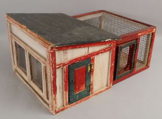 Small Old Handmade Folk Art Painted,  Pet Animal Cage,  Miniature Chicken Coup
